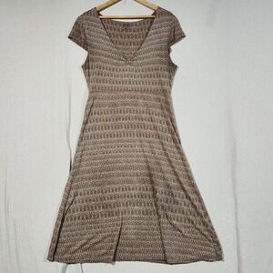 Toad&Co Womens Brown White‎ Geometric Leaf Print V-Neck A-Line Midi Dress Medium